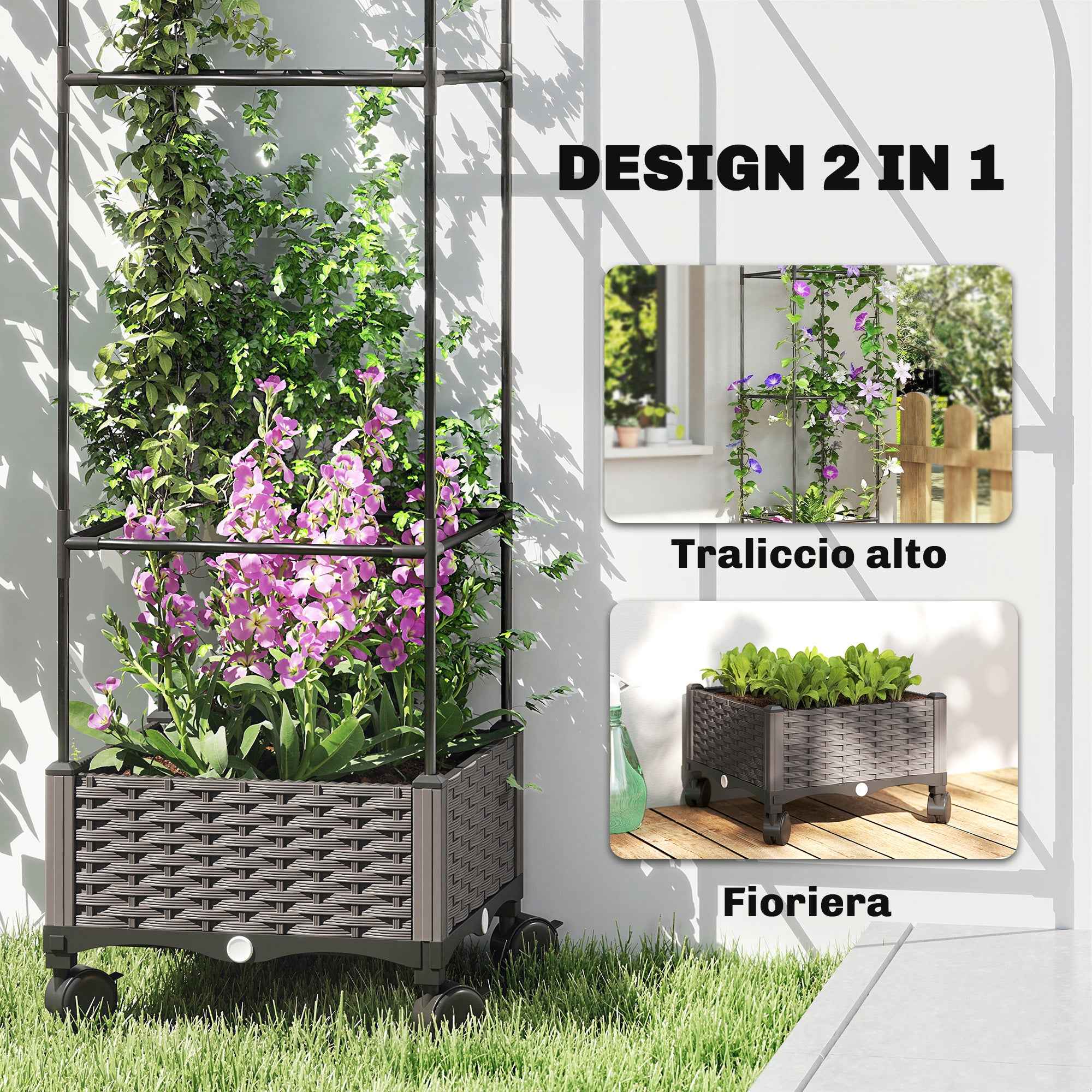 Outsunny 185cm Raised Trellis Planter with Drainage Holes and 4 Wheels, PE and PP Coated Metal, Black
