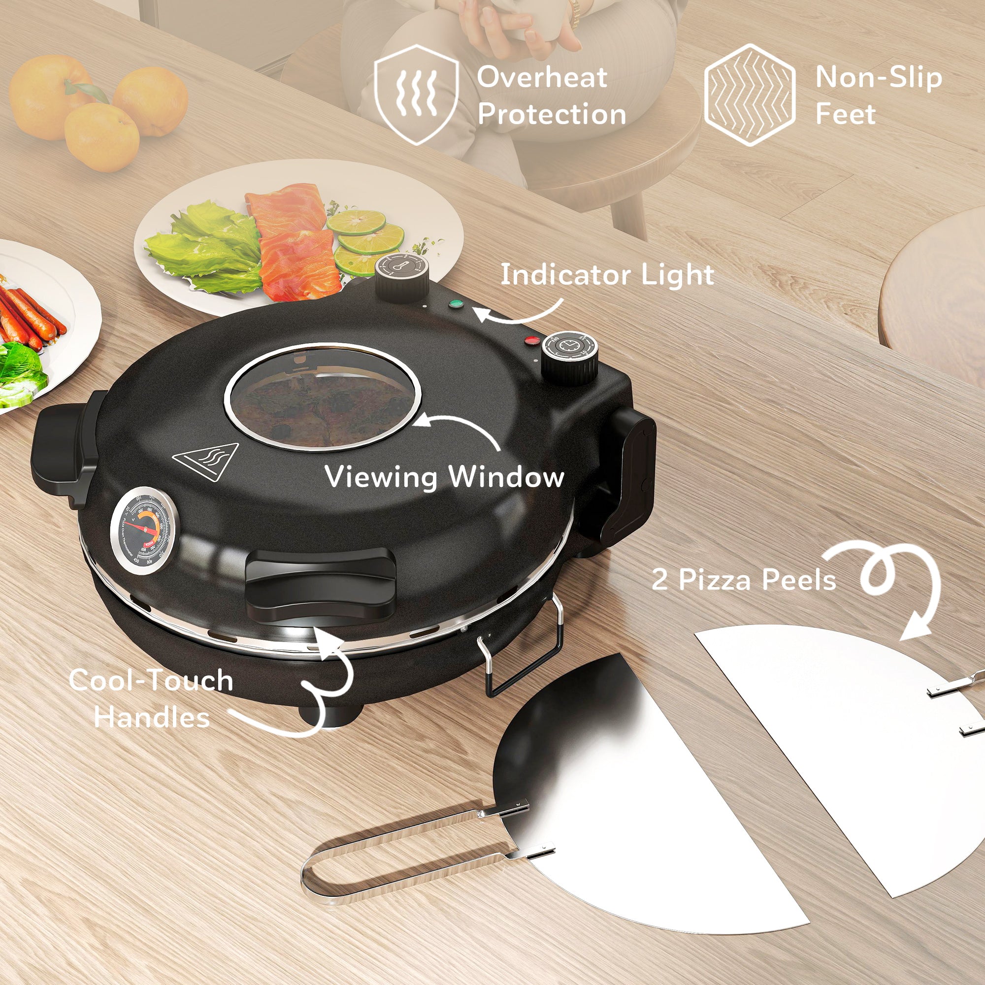 1200W Electric Pizza Oven with Transparent Window, Timer and Temperature Control, Black