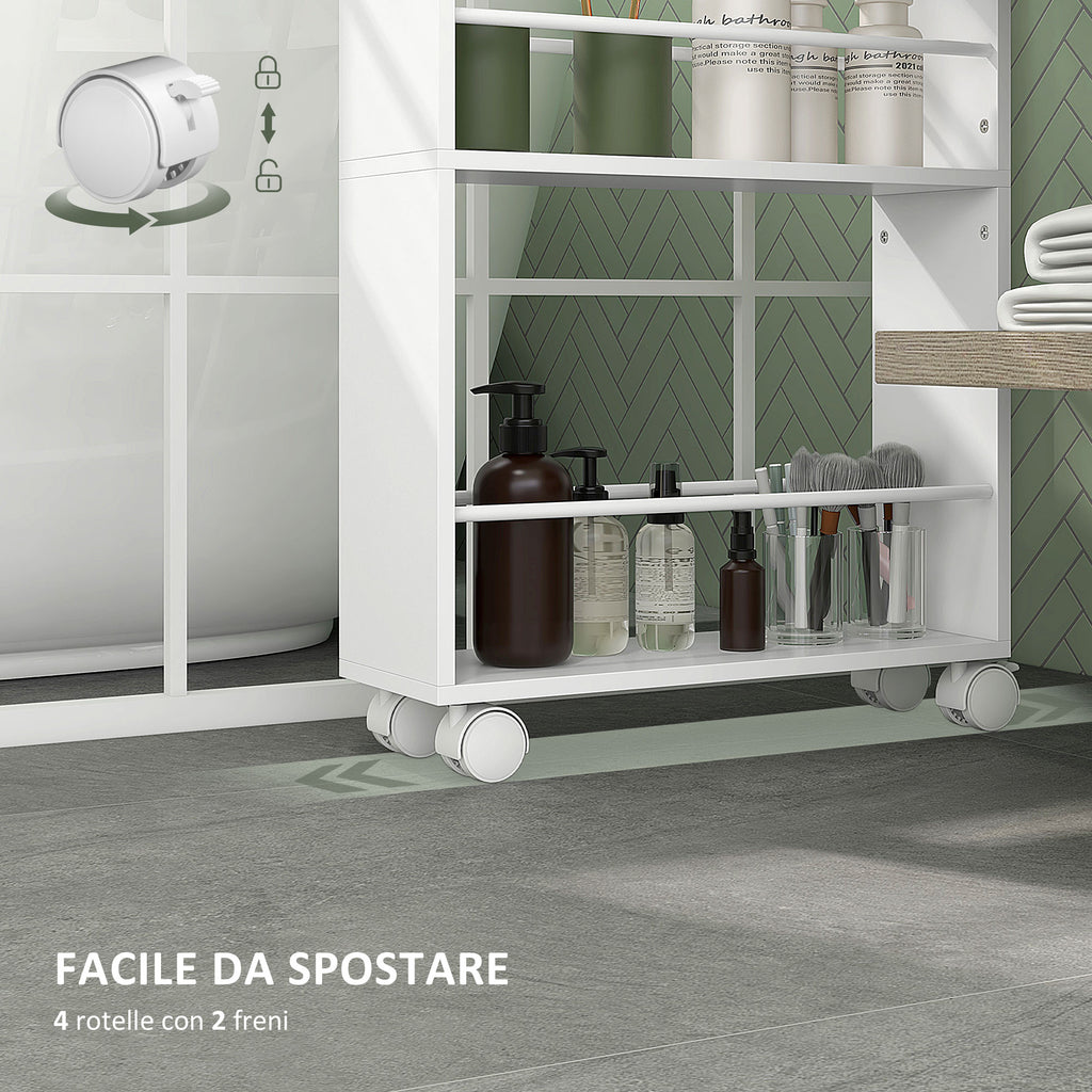 Space-Saving 3-Tier Kitchen and Bathroom Cart with Side Bars and Wheels with Brakes, White