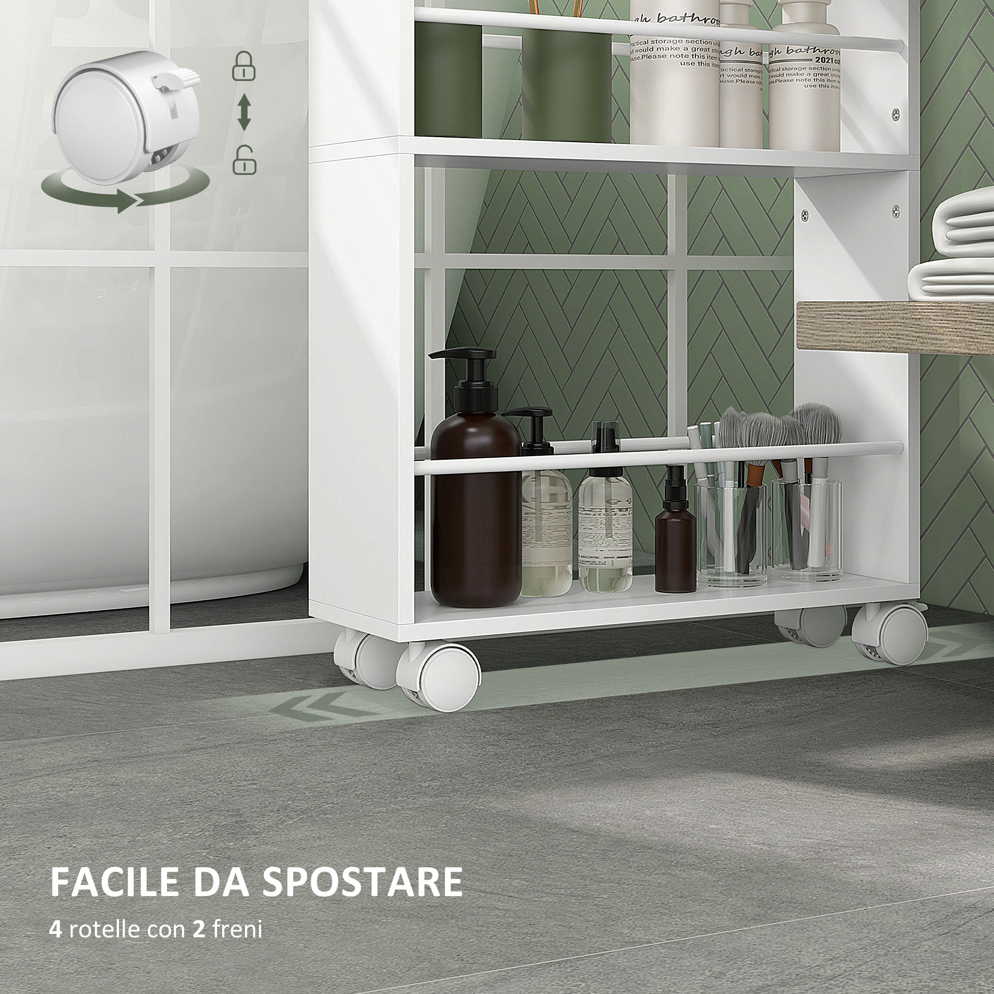 Space-Saving 3-Tier Kitchen and Bathroom Cart with Side Bars and Wheels with Brakes, White