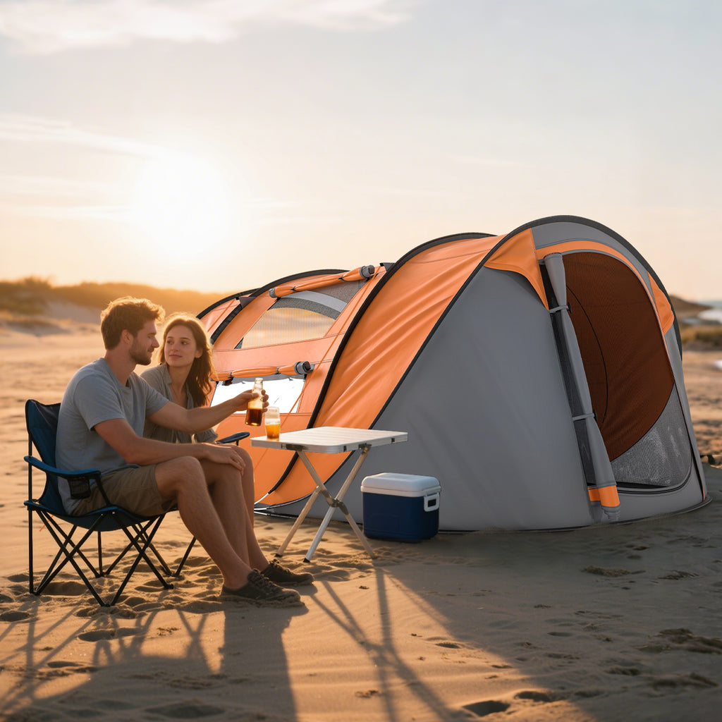 Outsunny 2-Person Pop-Up Camping Tent with 2 Doors, 4 Windows and Waterproof Tarp, 263.5x220x123 cm, Orange