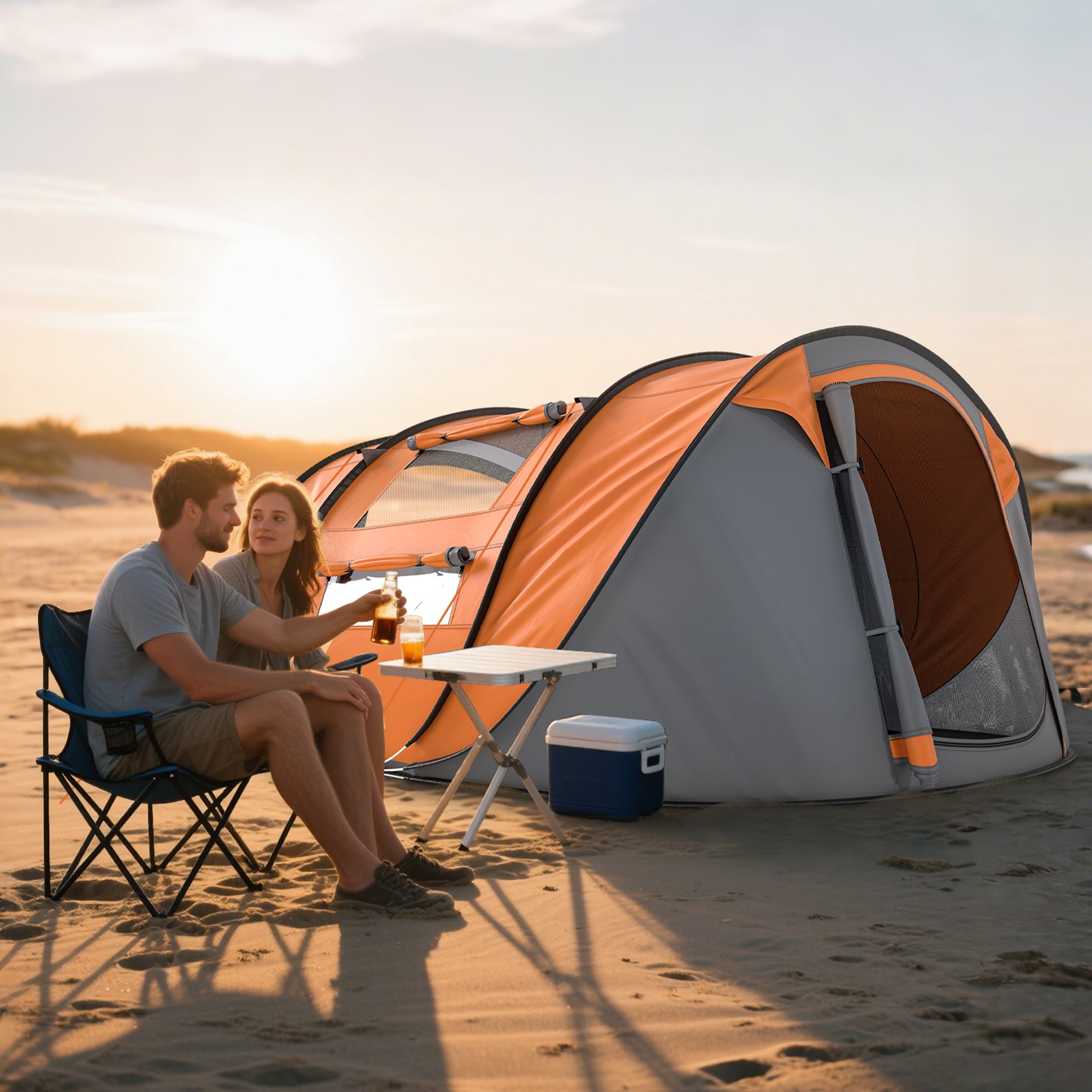 Outsunny 2-Person Pop-Up Camping Tent with 2 Doors, 4 Windows and Waterproof Tarp, 263.5x220x123 cm, Orange