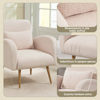 Modern Living Room Armchair in Teddy Fabric with Removable Lumbar Cushion, 77x77x83 cm, Beige