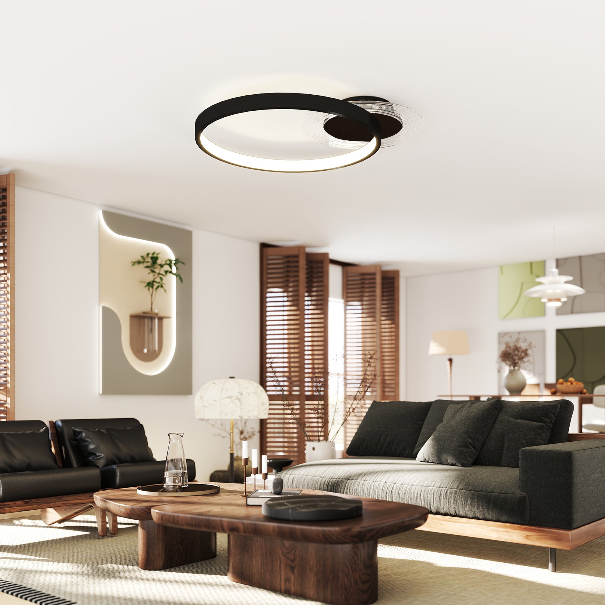 Modern 2-Ring LED Ceiling Light with Adjustable Brightness, 30W Power, Black