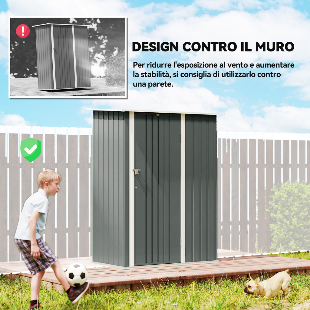 Outsunny Metal Tool Shed with Sloped Roof and Lockable Door, 142x86x189 cm, Light Grey