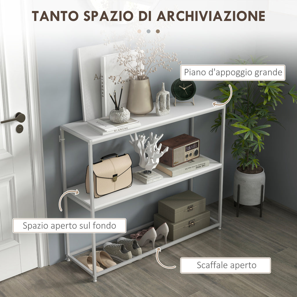 Console Table for Entrance Hall with Open Shelf, in Steel and Chipboard, 100x30x87 cm, White - Borgè