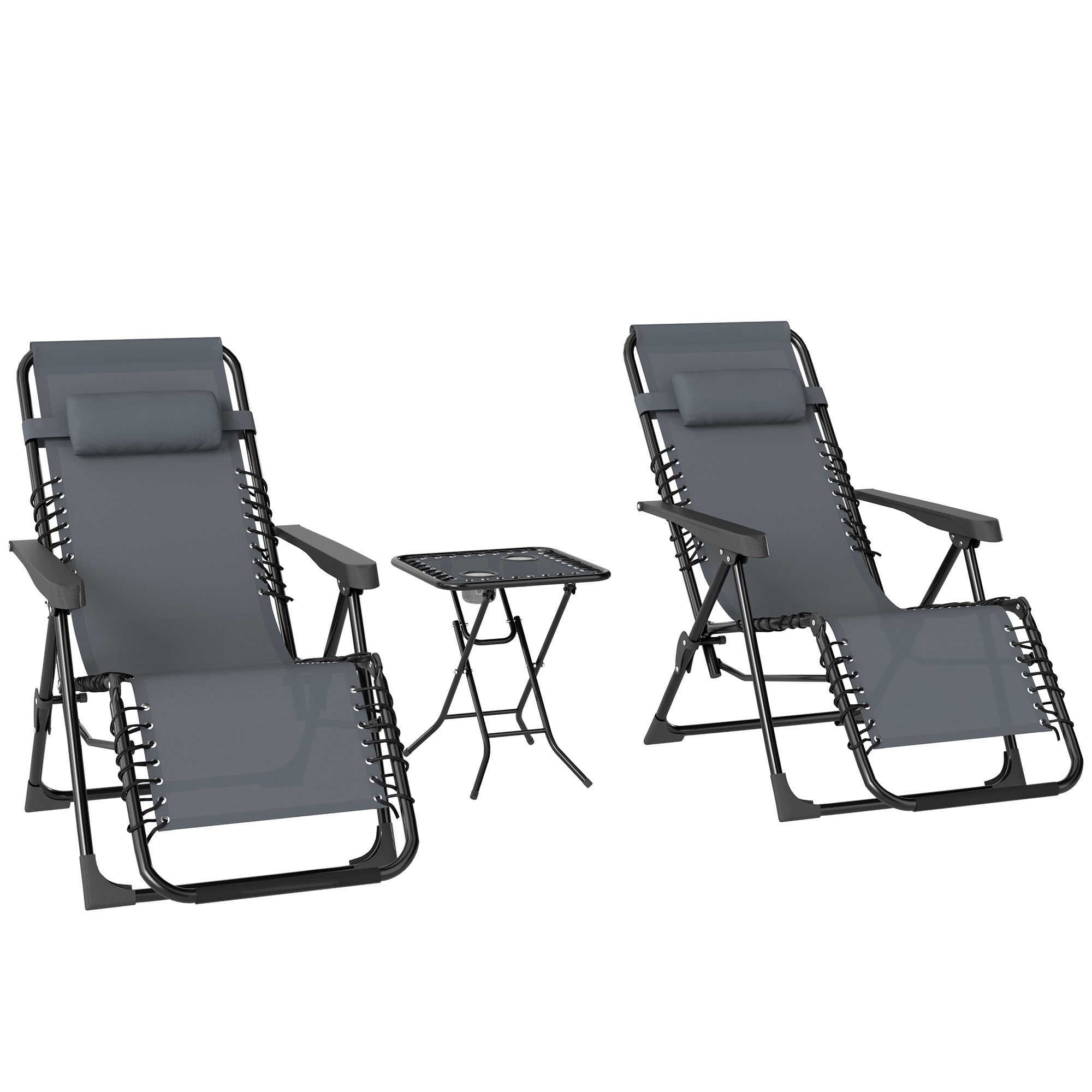 Set of 2 Folding Zero Gravity Deck Chairs with Adjustable Backrest and Table, Gray