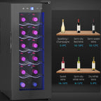 12 Bottle Refrigerator Cooler with Dual Temperature Control, Adjustable Shelves and Lights, Black
