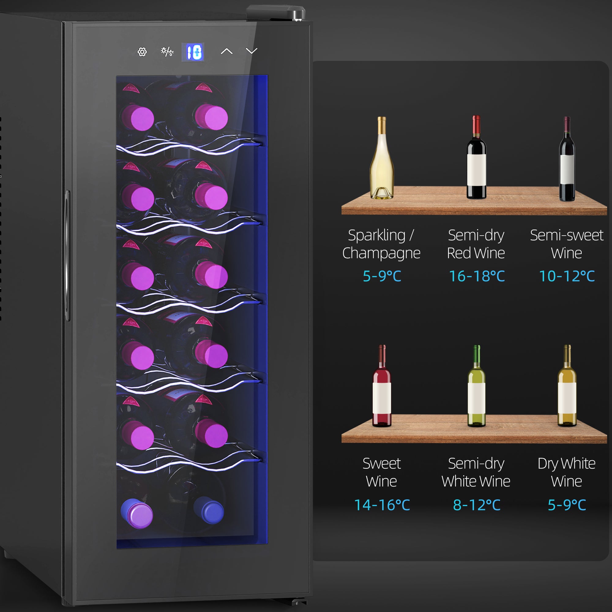 12 Bottle Refrigerator Cooler with Dual Temperature Control, Adjustable Shelves and Lights, Black