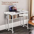 Space-Saving Folding Drop-Leaf Desk with Shelf, Storage Pocket and Wheels, White