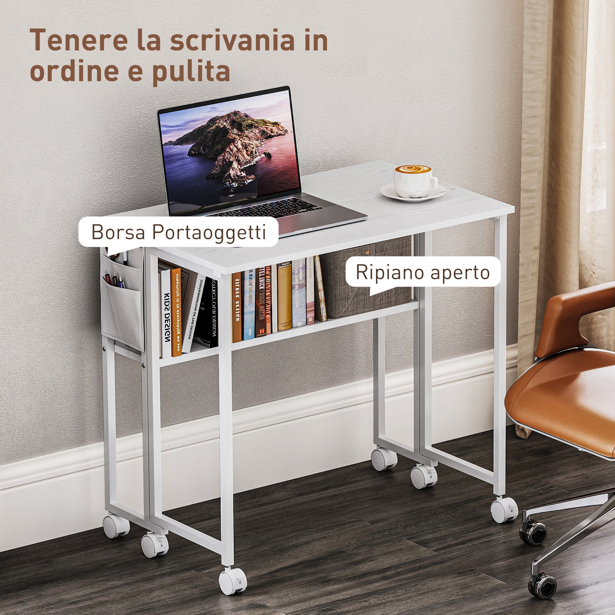 Space-Saving Folding Drop-Leaf Desk with Shelf, Storage Pocket and Wheels, White