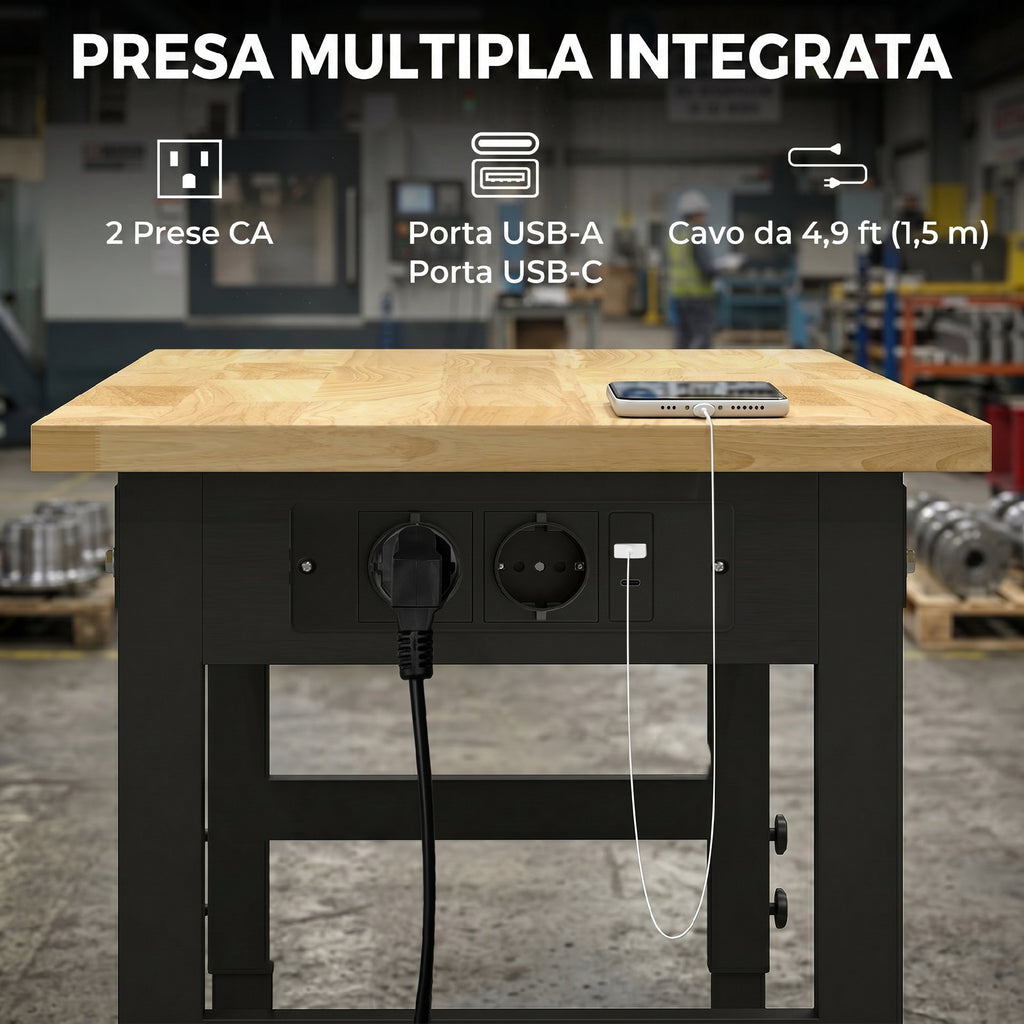 HOMCOM Height-Adjustable Wood and Steel Workbench, 2 AC Outlets, 900 kg Capacity, Wood and Black Color