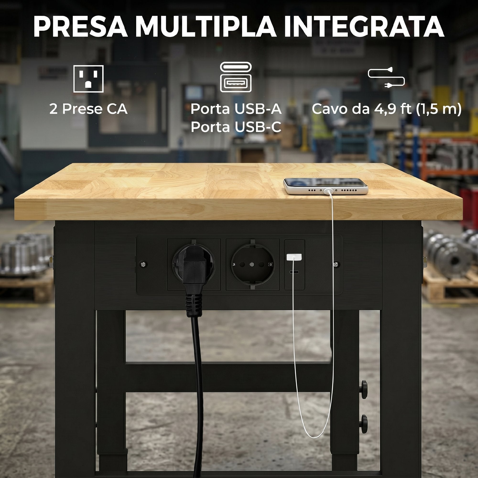 HOMCOM Height-Adjustable Wood and Steel Workbench, 2 AC Outlets, 900 kg Capacity, Wood and Black Color