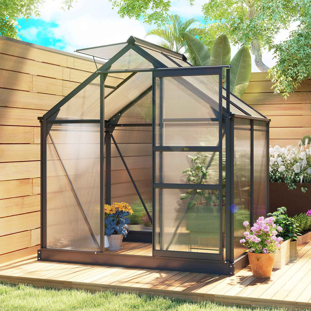 Outsunny Polycarbonate and Aluminum Garden Greenhouse with Sliding Door and Window, 190x132x201 cm, Gray