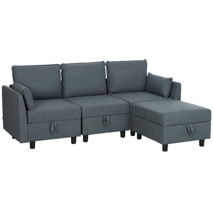 Modern  3 Seater Modular Sectional Sofa with Footrest and Cushions, Flannel Upholstery, Dark Grey