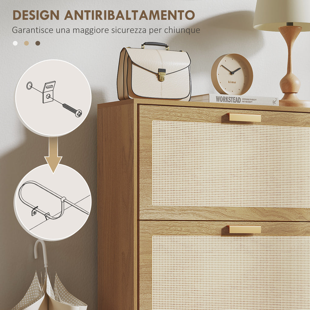 Shoe Rack for 18 Pairs of Shoes with 3 Folding Drawers in Wood and Rattan, 80x25x120 cm, Brown