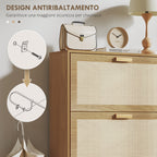 Shoe Rack for 18 Pairs of Shoes with 3 Folding Drawers in Wood and Rattan, 80x25x120 cm, Brown