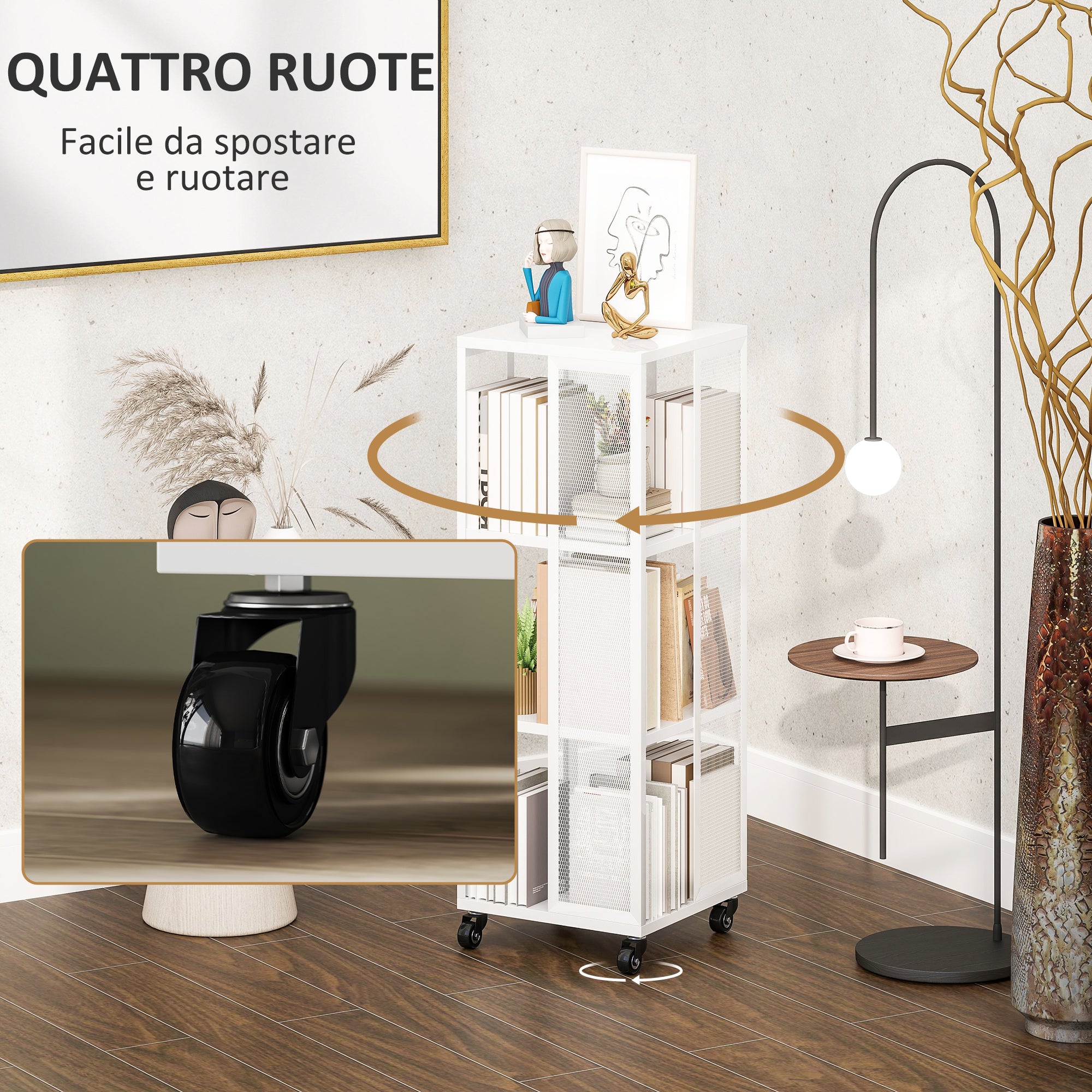 Modern 3-Tier Metal Mesh Bookcase with Wheels, 35x35x99cm, White