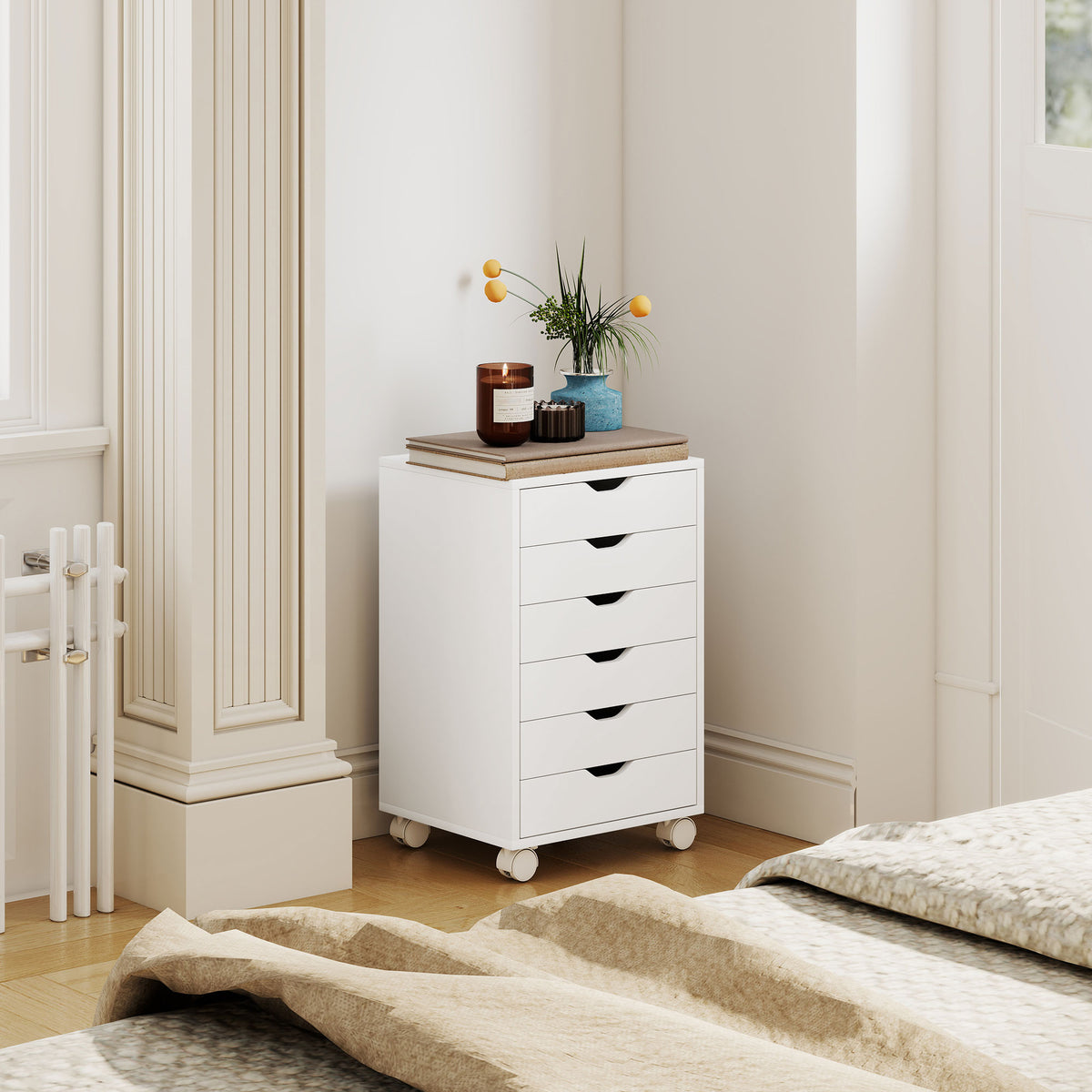 HOMCOM 6-Drawer Office Chest with 4 Wheels and Lock, 40x35x63 cm, White