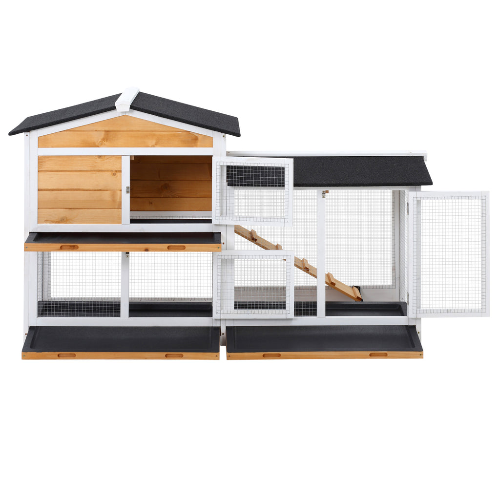 Outdoor Rabbit Cage with House, Ramp and Open Enclosure, Yellow and Black