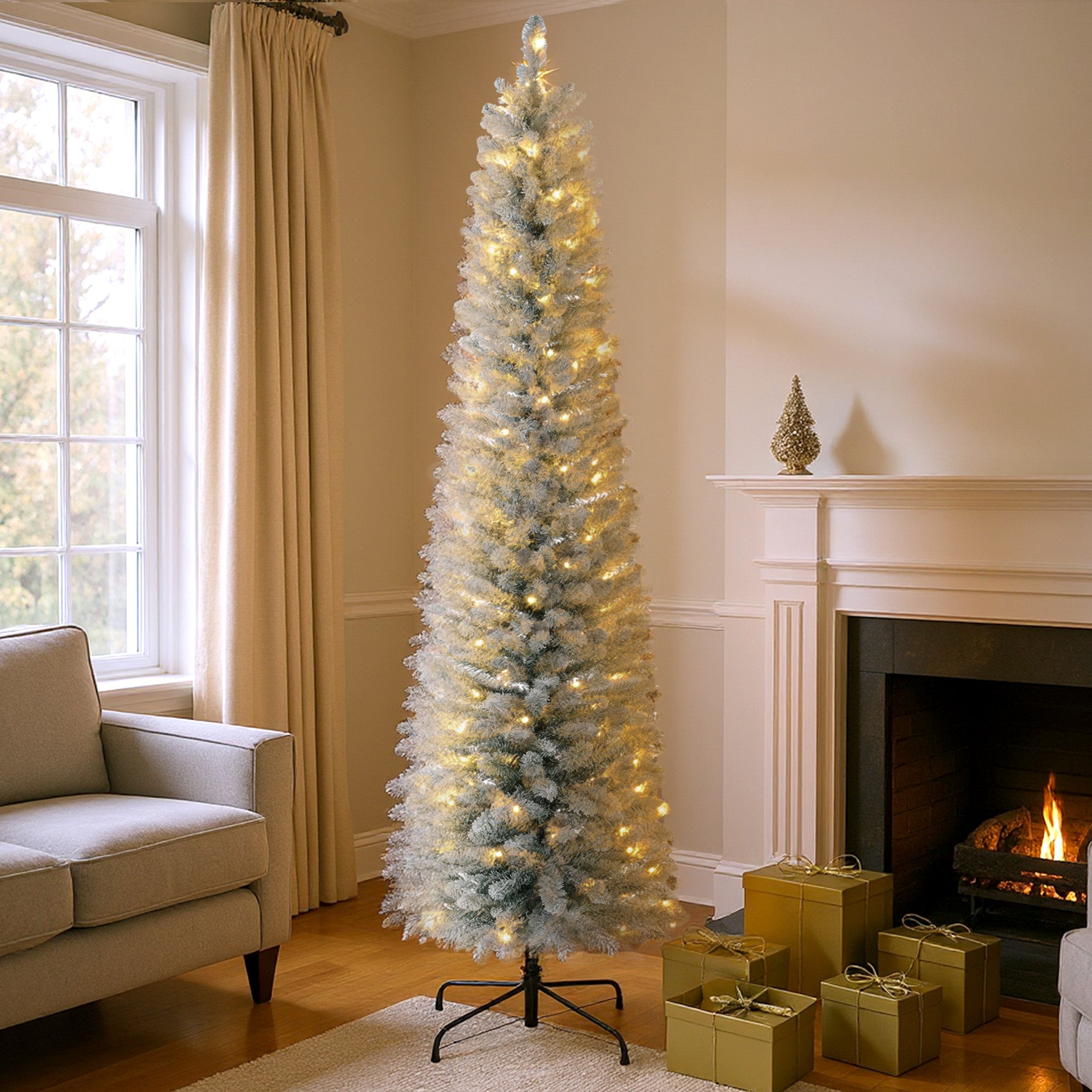 Snow-Covered Christmas Tree with 405 Branches and White LED Lights in Plastic and Metal, Ø57x210 cm, Green