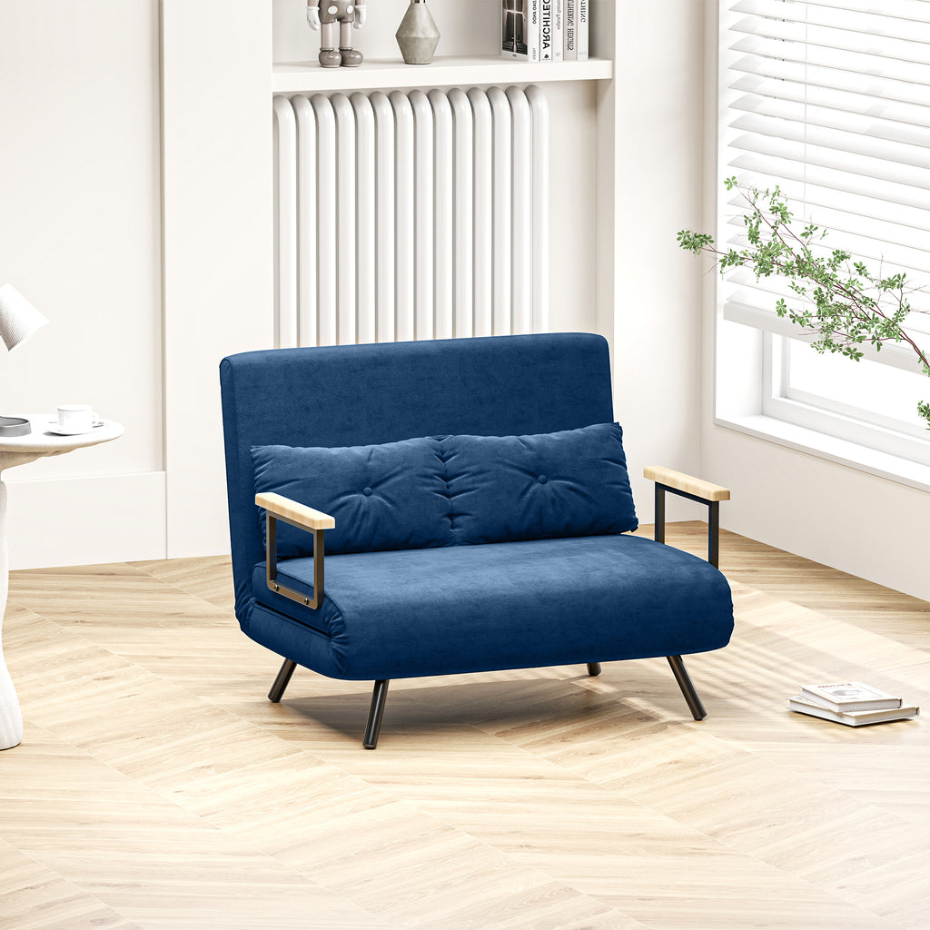 3 in 1 Velvet Fabric Sofa Bed with Adjustable Backrest and 2 Cushions, 102x73x81 cm, Blue