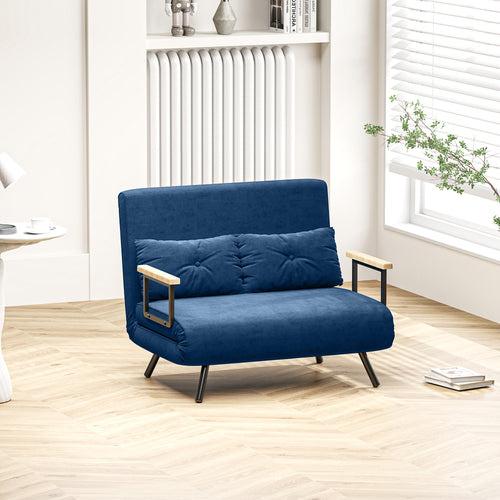 3 in 1 Velvet Fabric Sofa Bed with Adjustable Backrest and 2 Cushions, 102x73x81 cm, Blue