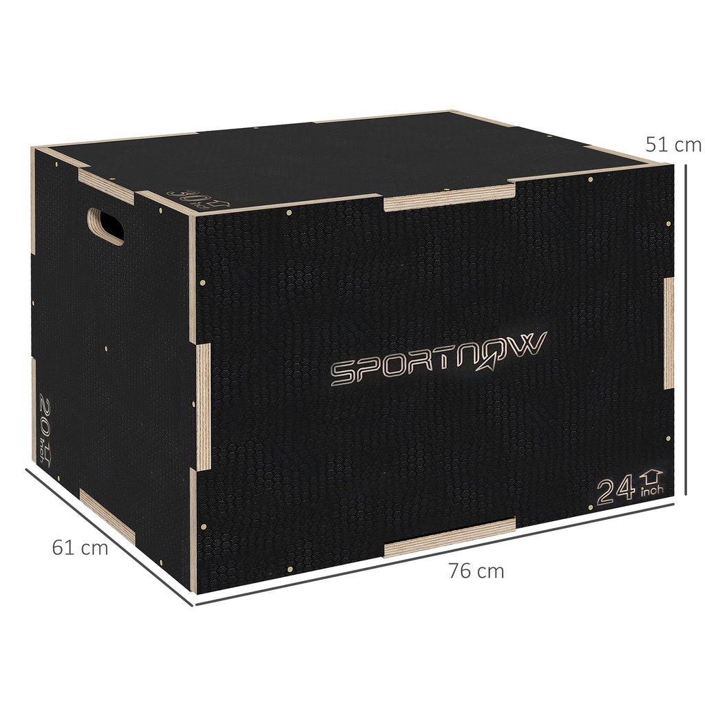 3-Height Plyometric Jump Box in Non-Slip Wood, 76-61-51cm, Black