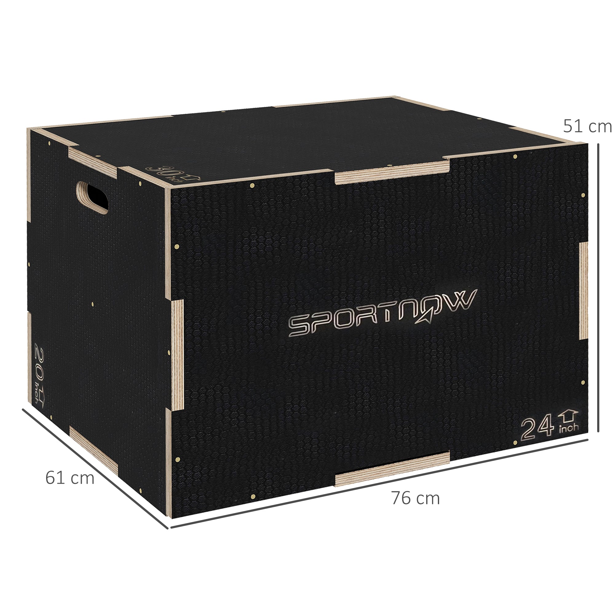 3-Height Plyometric Jump Box in Non-Slip Wood, 76-61-51cm, Black