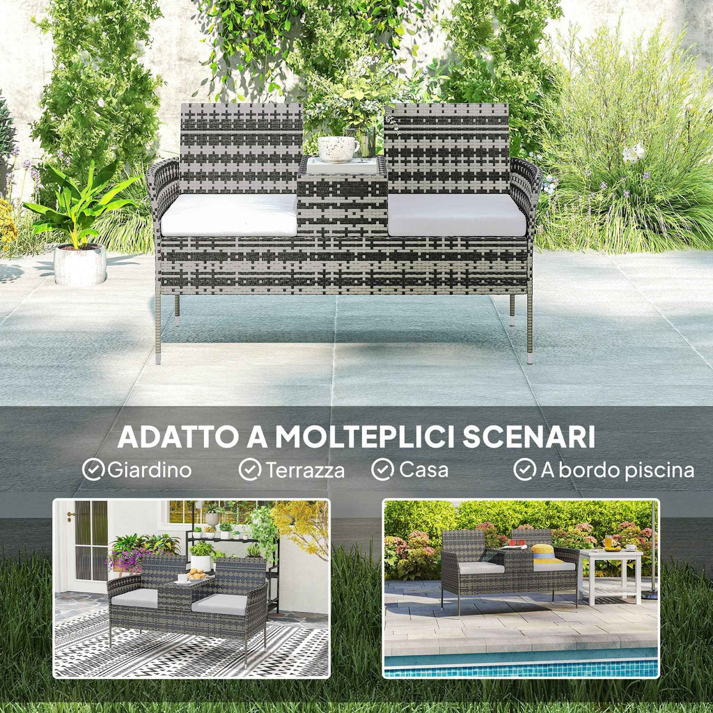 Outsunny 2-Seater Outdoor Bench with Coffee Table, Steel and PE Rattan, 137x59x82 cm, Grey