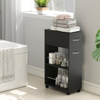 Kitchen Cart with 2 Open Shelves, Drawer and Rails, Wood and Stainless Steel, 25x50x85 cm, Black