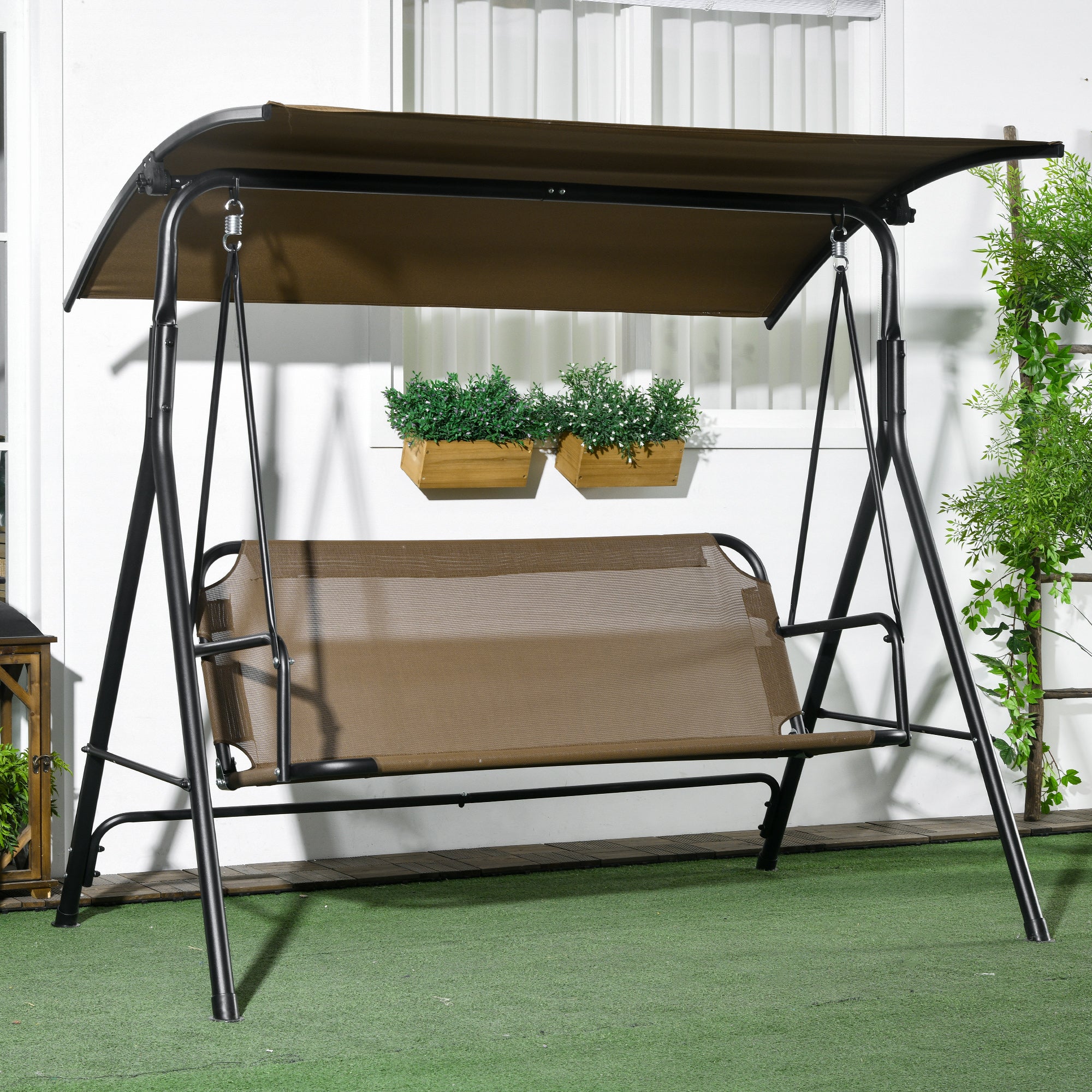 3 Seater Garden Swing with Adjustable Cover, Steel and Polyester, 172x110x153 cm, Brown and Grey