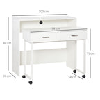 Space-Saving Desk Table for Bedroom and Office, Writing Desk with Drawers and Wheels, Double or Single Workstation, 100x36x88cm, White