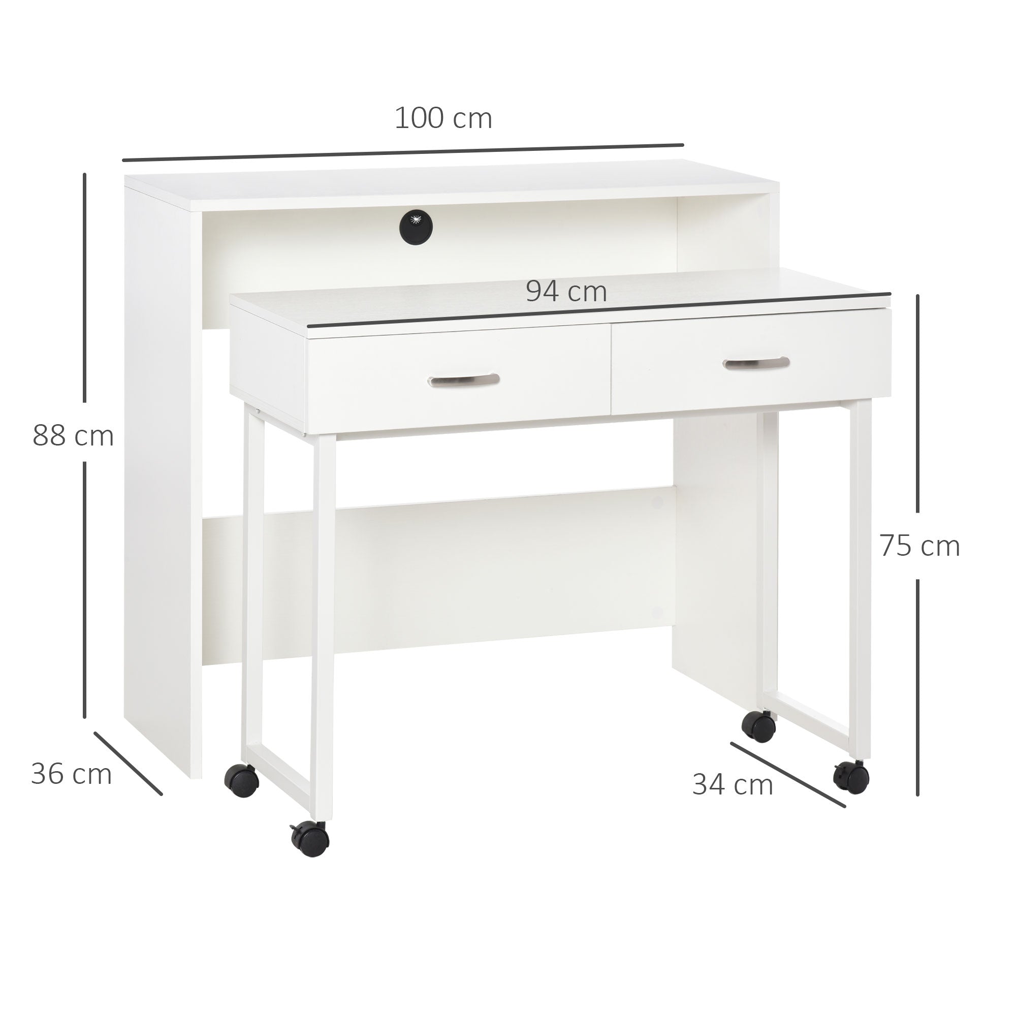Space-Saving Desk Table for Bedroom and Office, Writing Desk with Drawers and Wheels, Double or Single Workstation, 100x36x88cm, White