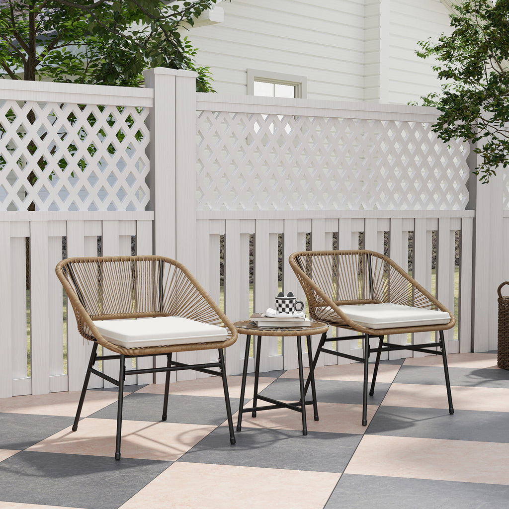 3 Piece PE Rattan and Steel Garden Set with 2 Chairs with Cushions and Round Table, Multicolor