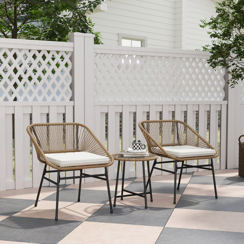 3 Piece PE Rattan and Steel Garden Set with 2 Chairs with Cushions and Round Table, Multicolor