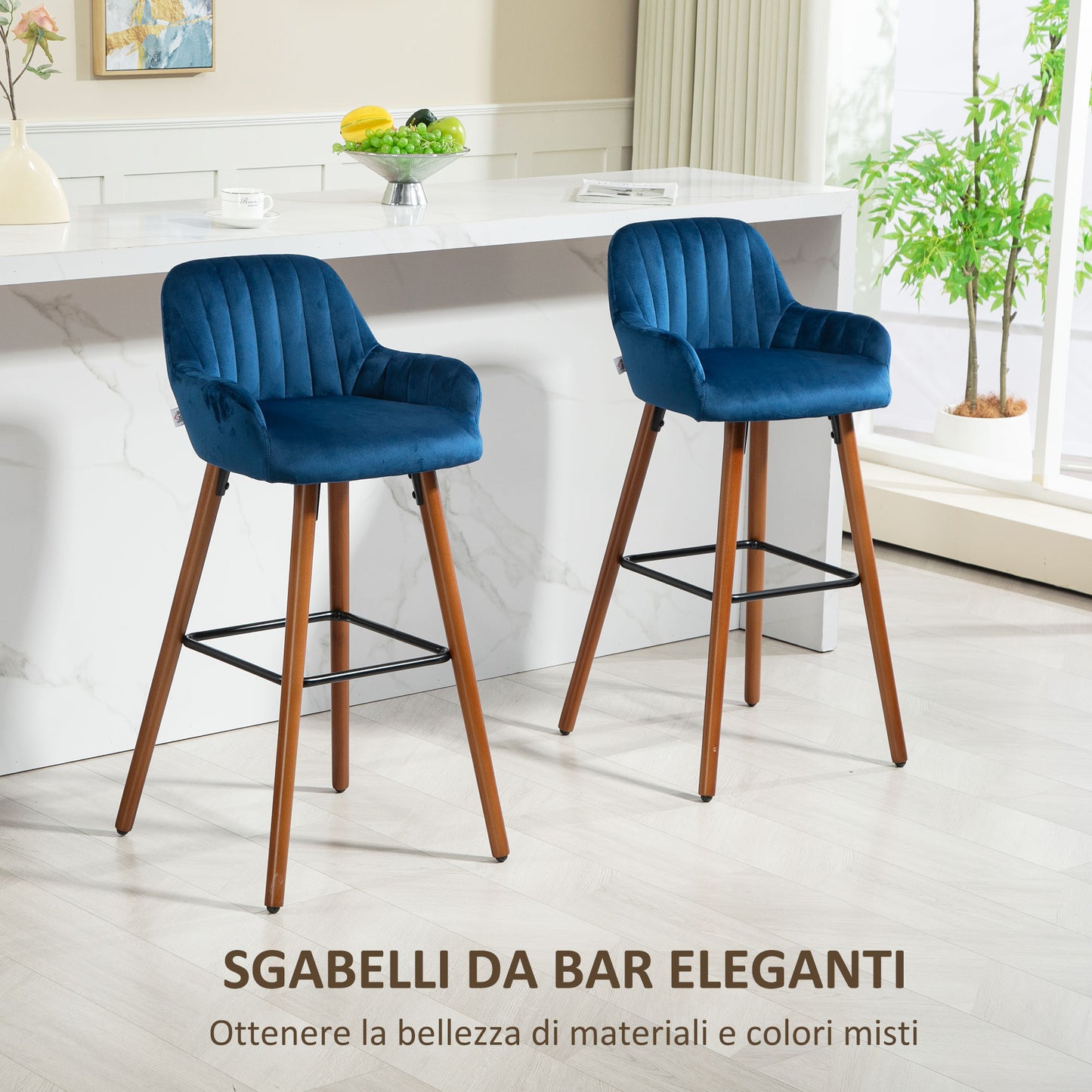 Set of 2 Modern Velvet Bar Stools with Backrest and Armrests, Wooden Base and Footrest, Dark Blue