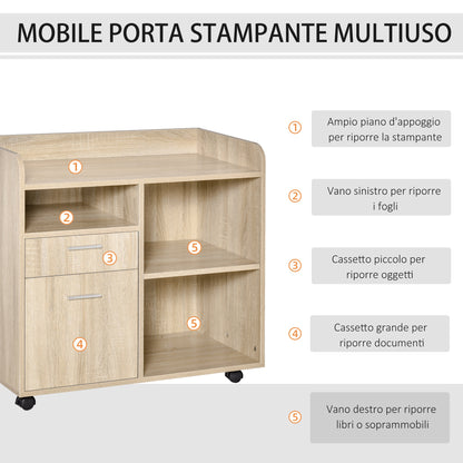 Multi-Use Printer Stand, Office Cabinet, Low Cabinet, Multipurpose Cabinet with 4 Wheels, Oak, 80x40x72cm - Borgè