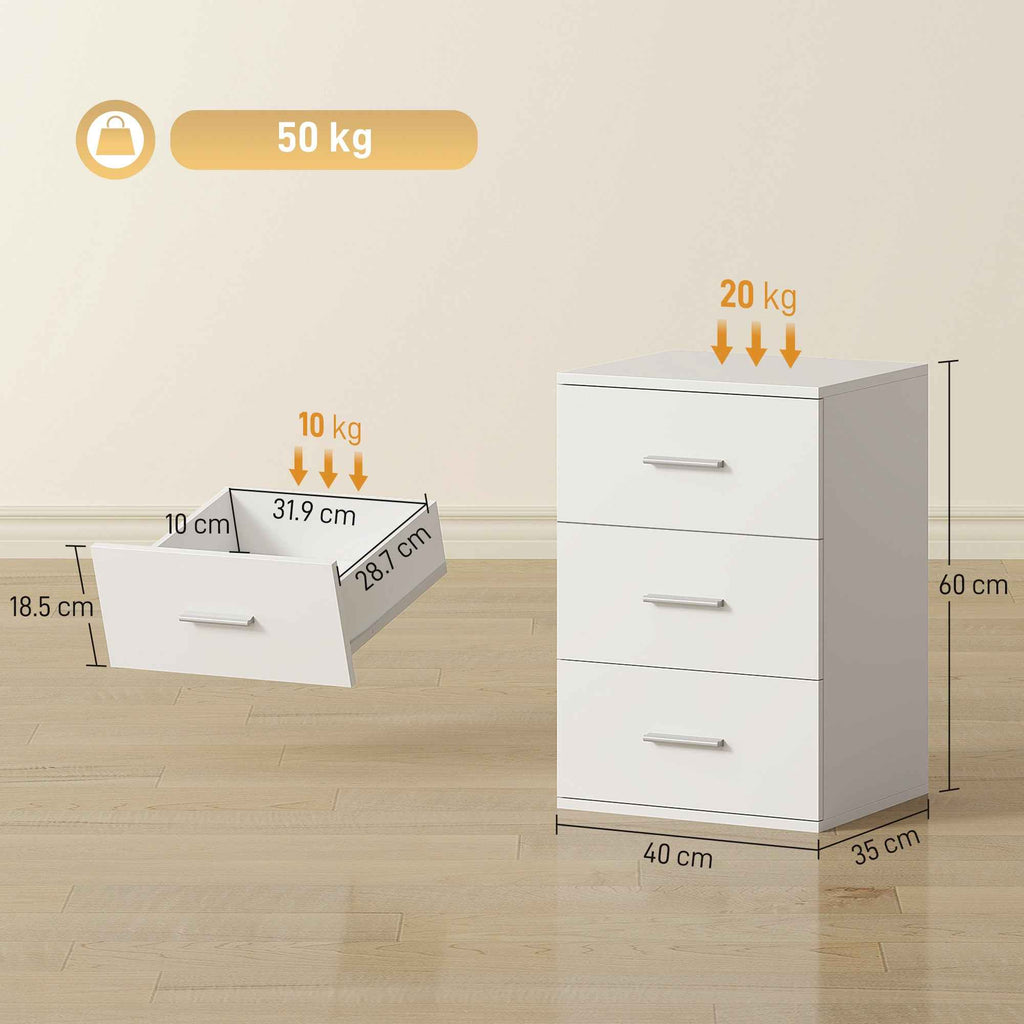 HOMCOM Modern and Multipurpose Bedside Table with 3 Drawers for Bedroom and Living Room, 40x35x60 cm, White