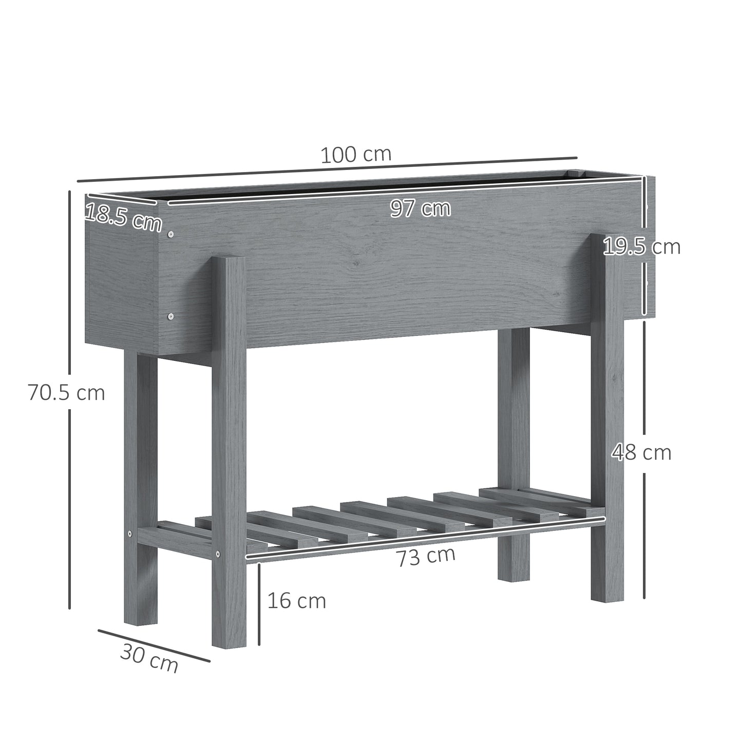 Raised Planter with Lower Shelf and 2 Drainage Holes, Fir Wood, 100x30x70.5 cm, Grey