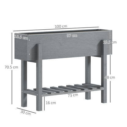 Raised Planter with Lower Shelf and 2 Drainage Holes, Fir Wood, 100x30x70.5 cm, Grey