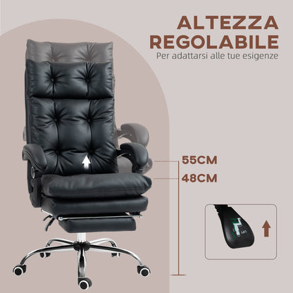 Faux Leather Office Chair with 135° Reclining Backrest and Pull-Out Footrest, Black