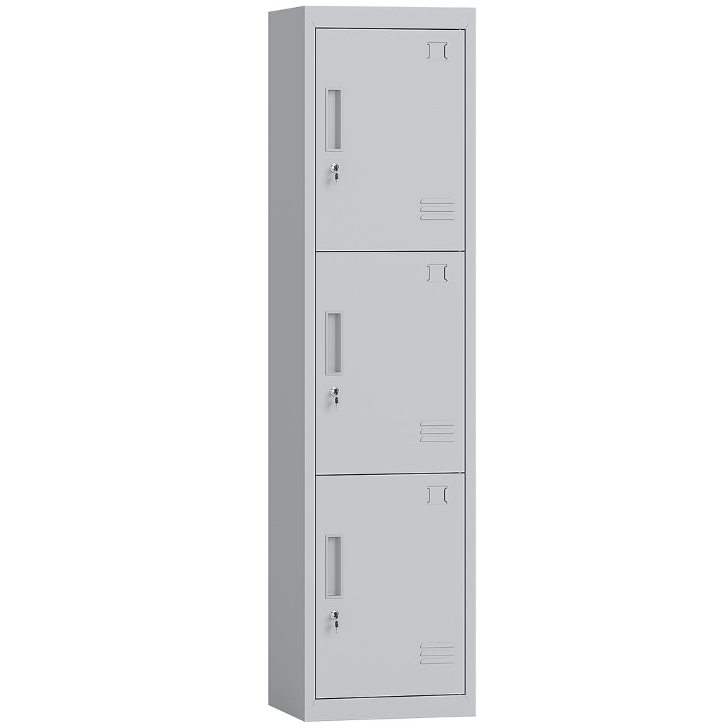 3-Door Steel Office Cabinet with Lock and 2 Keys, 45x38x180cm, Light Grey