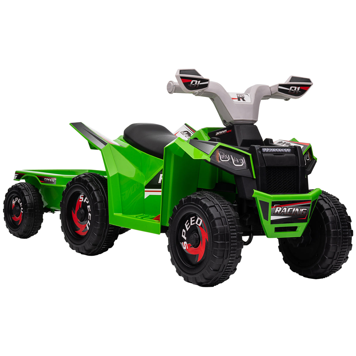 HOMCOM Electric Quad Bike for Kids with Trailer, Pedal, Forward and Reverse Gears, 2.5 km/h, for 18-36 Months, Green