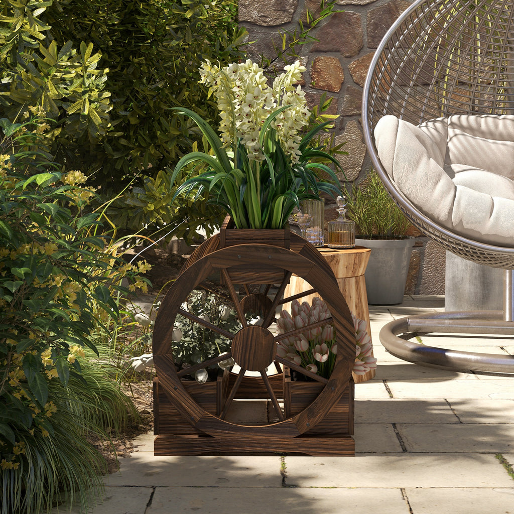 Outsunny Wooden Wood Fioriera at 2 levels with 3 vases and Country -style wagon wheels, 64x54x60cm - Borgè