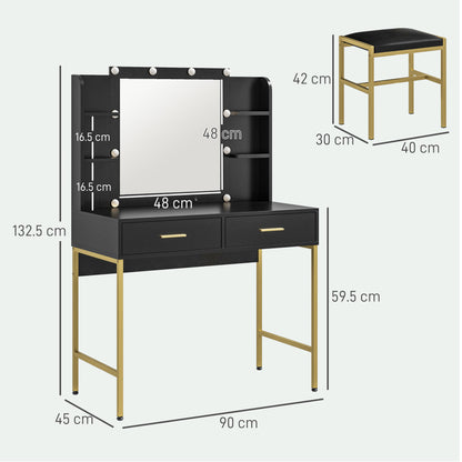 Vanity Dressing Table with 2 Drawers, 6 Shelves, Mirror and Stool, in Wood and Steel, 90x45x132.5 cm, Black