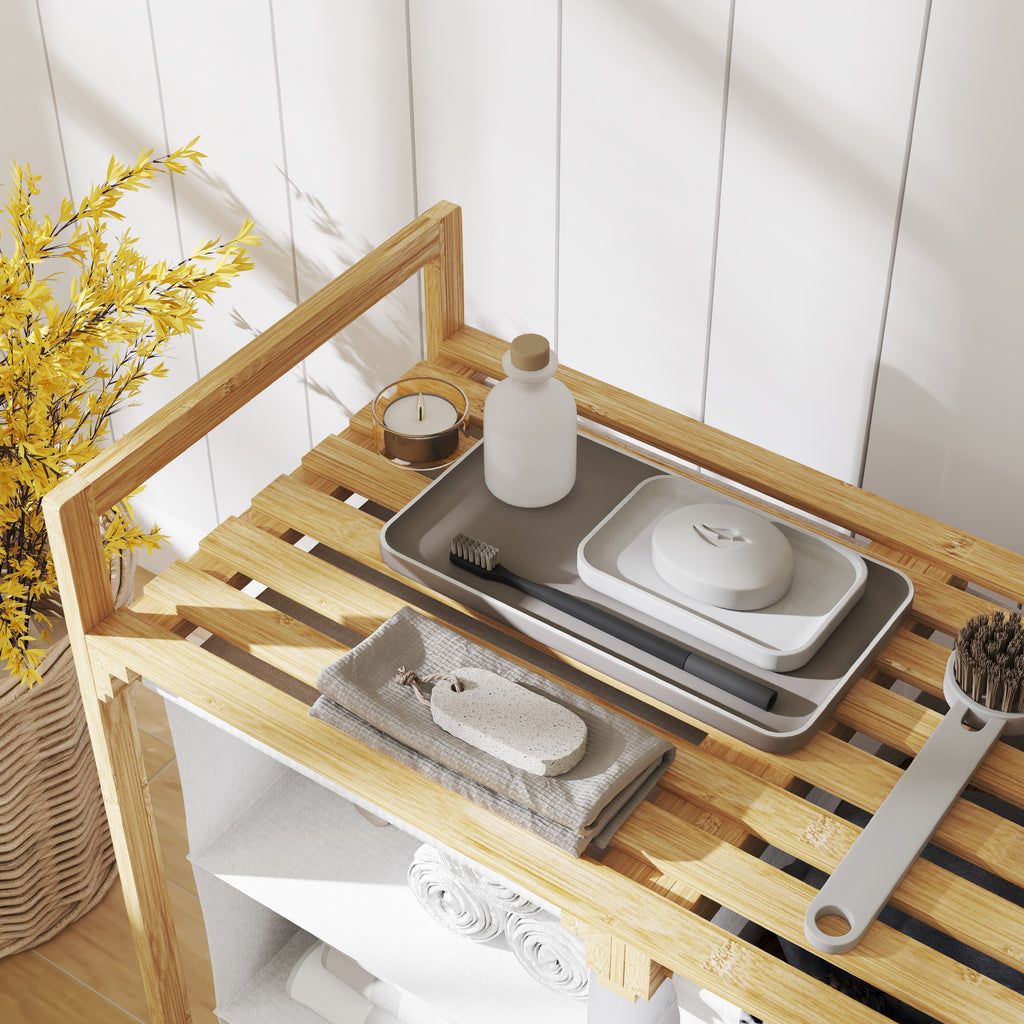 Laundry Basket with 2 Pull-Out Bags, Bamboo Handles and Shelf, 70x36x70 cm, White
