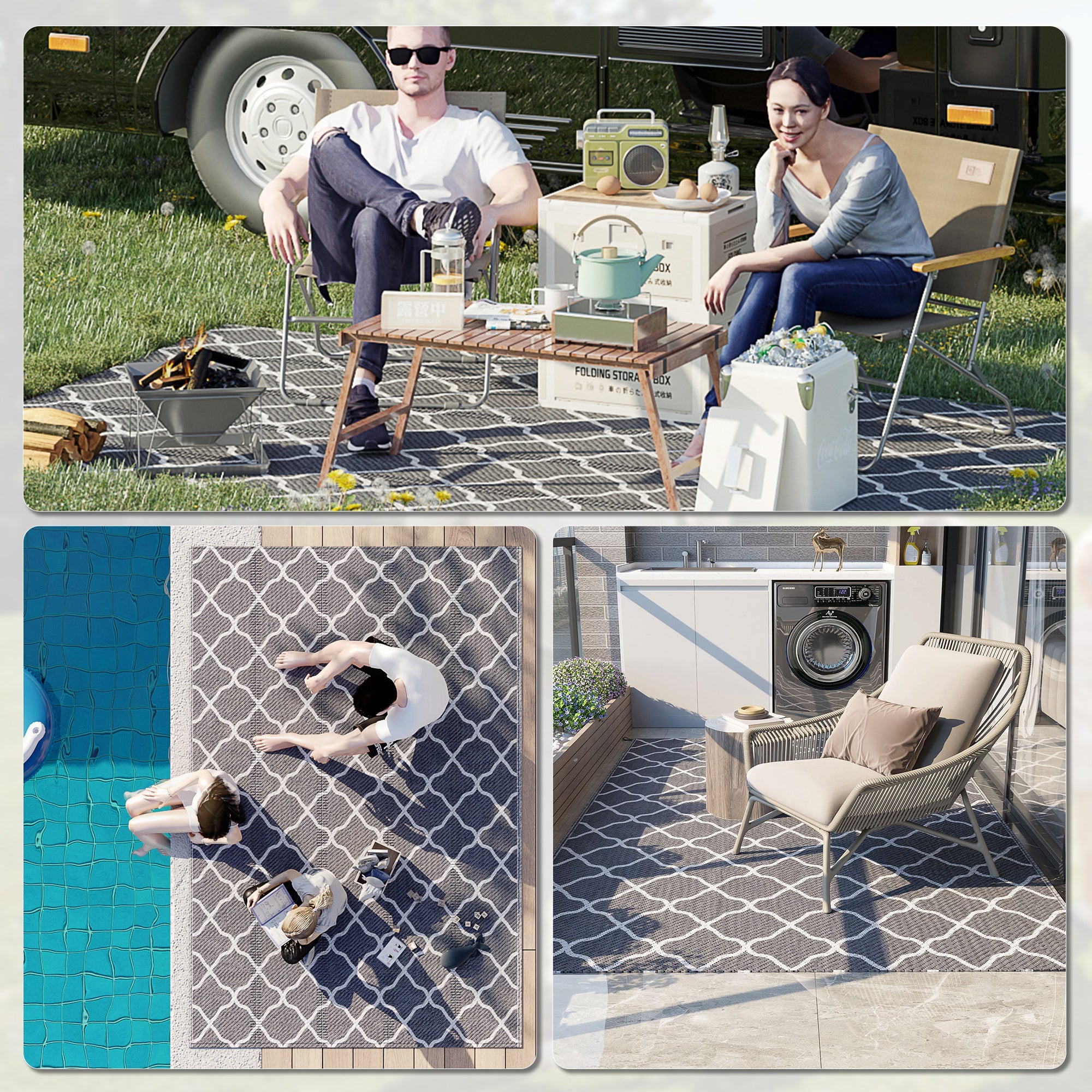 Foldable Reversible Outdoor Rug with Carry Bag, 182x274 cm Light Grey