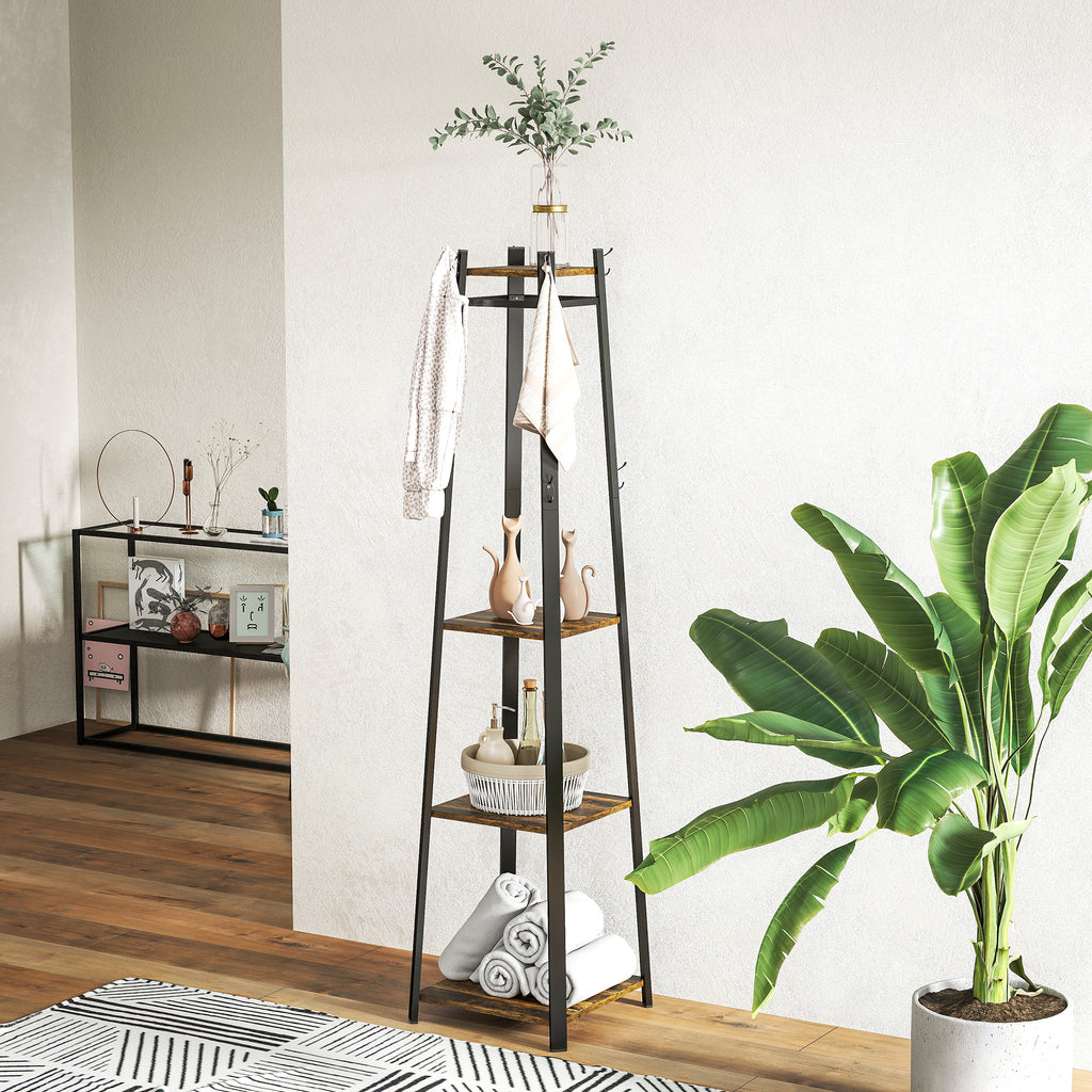 Coat Rack with 8 Hooks, 3 Shelves and Top Shelf, 34x34x170 cm, Brown