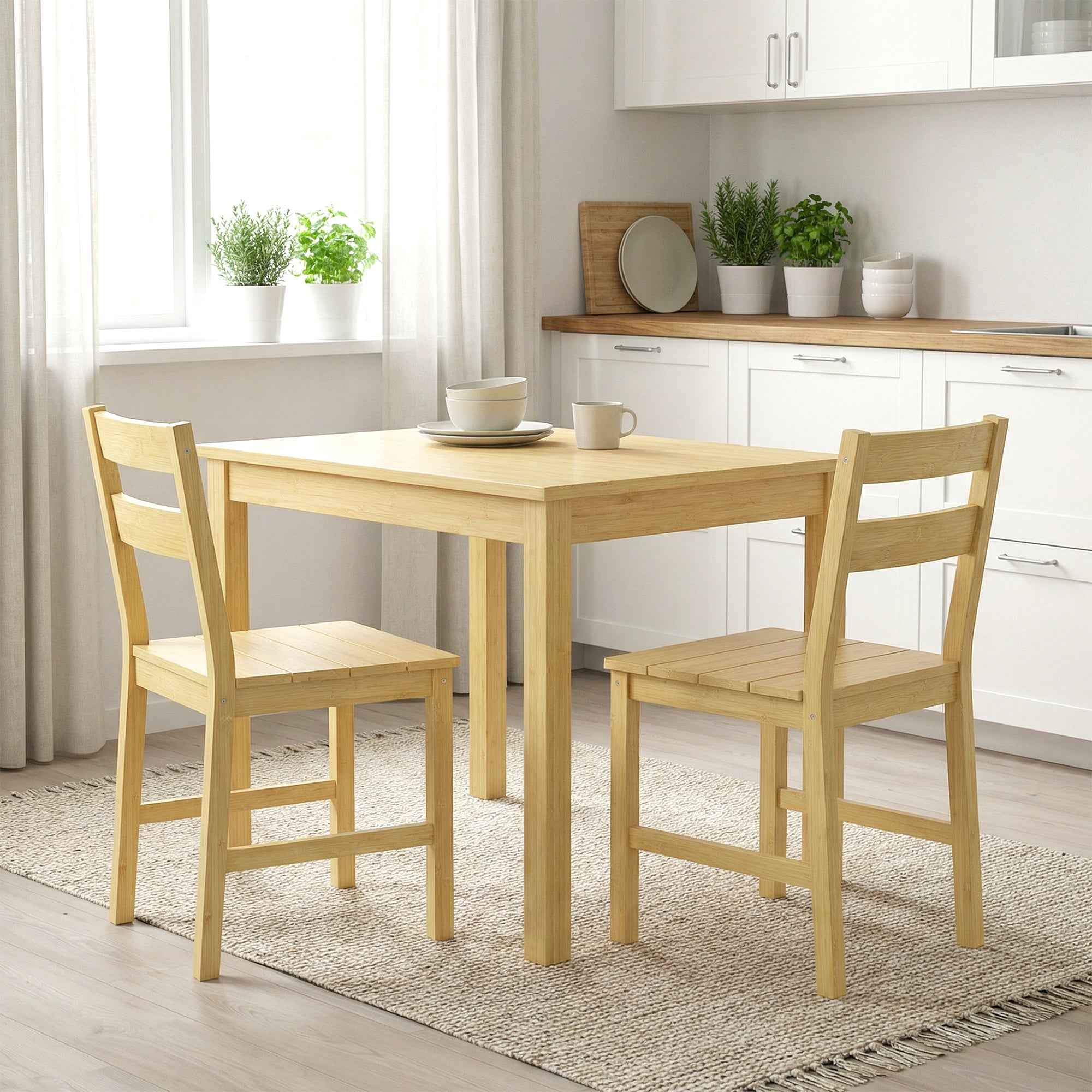 Set of 2 Bamboo Dining Chairs with Curved Backrest and Slatted Seat, Natural Wood Color
